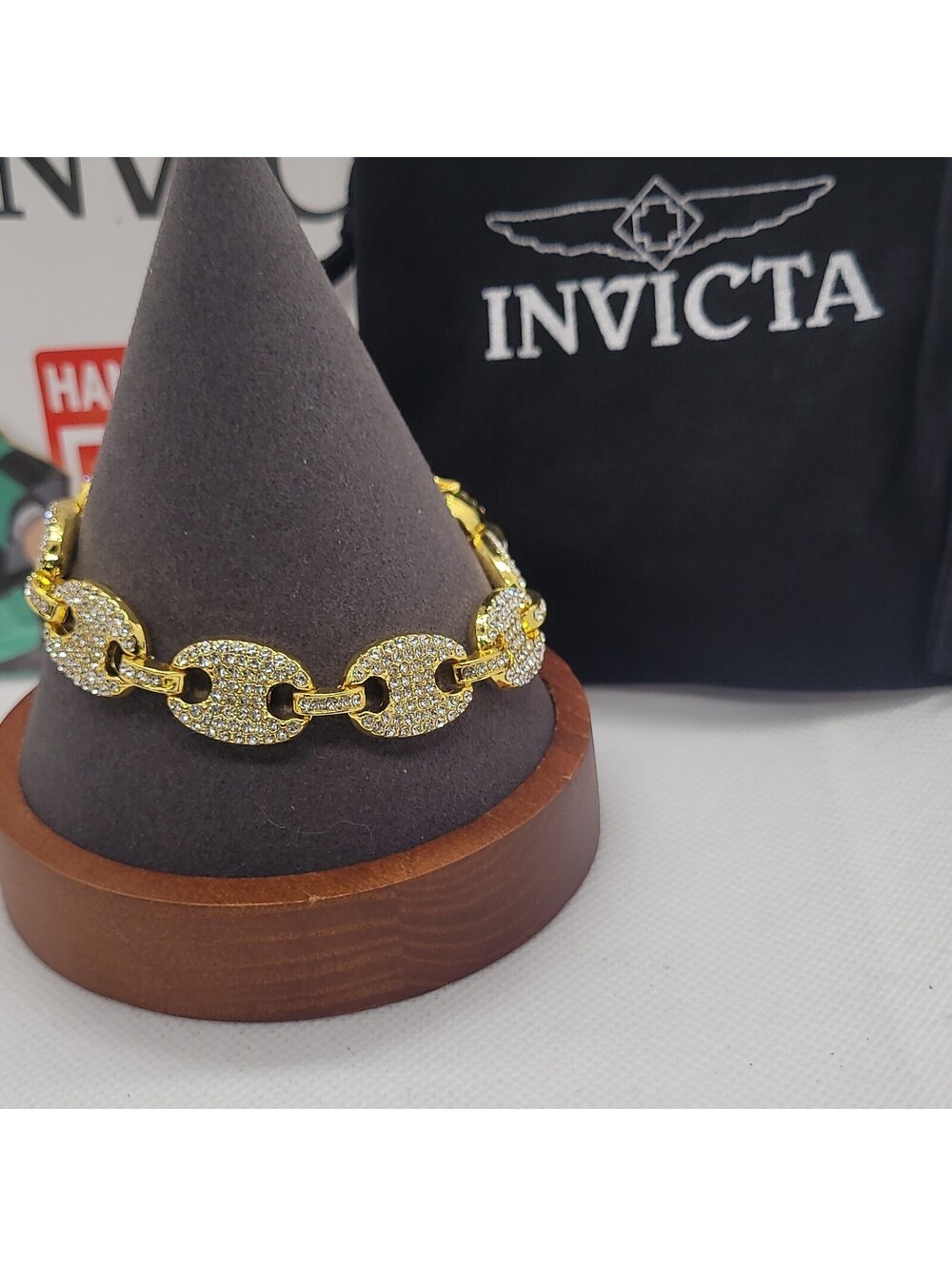 Invicta 200mm Gold Cuban Link Iced-Out Bracelet for Men Pavé Cubic Zirconia